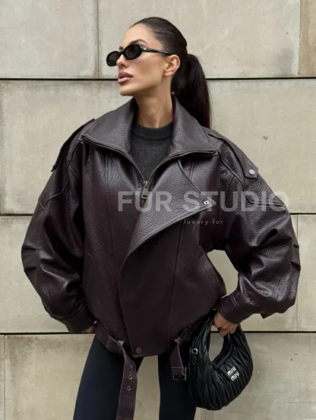 Стильная женская куртка из натуральной зернистой кожи COLLECTION DARK BURGUNDY - фото 0