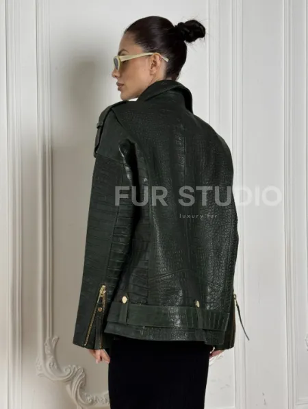 Куртка - косуха из натуральной кожи «CROCO» Dark green - фото 2