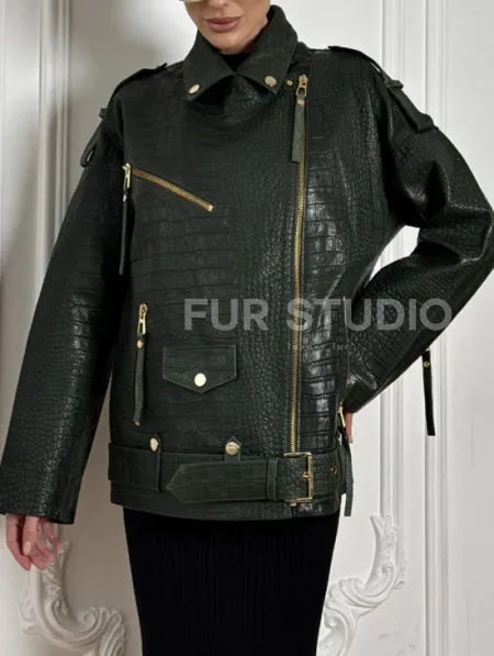 Куртка - косуха из натуральной кожи «CROCO» Dark green - фото 1