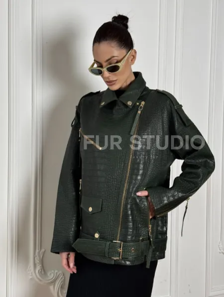 Куртка - косуха из натуральной кожи «CROCO» Dark green - фото 5
