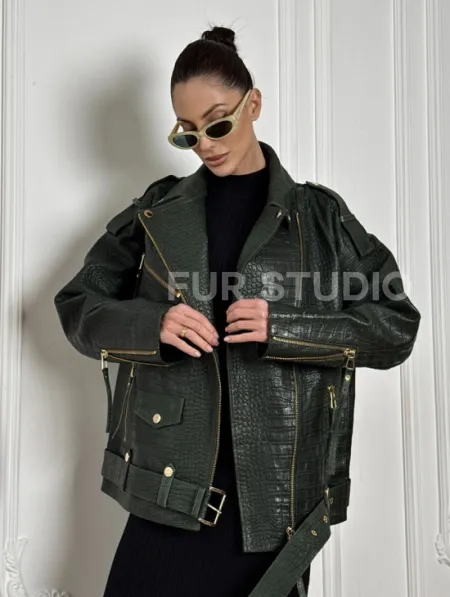 Куртка - косуха из натуральной кожи «CROCO» Dark green - фото 4