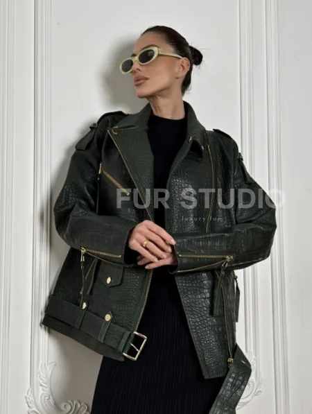 Куртка - косуха из натуральной кожи «CROCO» Dark green - фото 0
