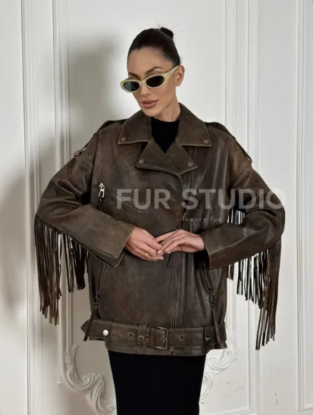 Косуха Vintage brown с кожаной бахромой на спине - фото 6
