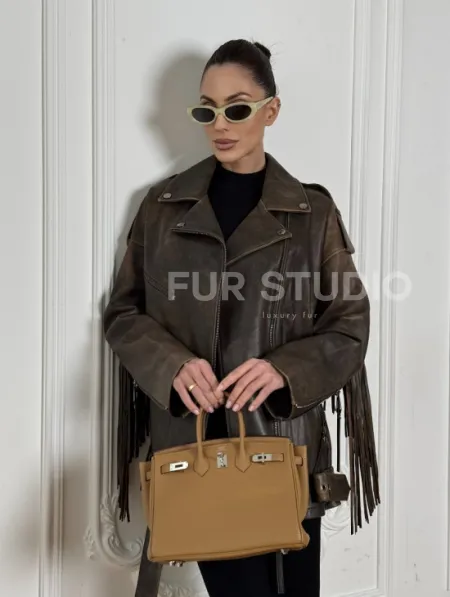 Косуха Vintage brown с кожаной бахромой на спине - фото 7
