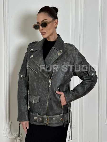 Косуха женская из натуральной кожи Vintage со шнуровкой - цвет серый - фото 6