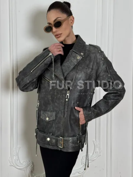 Косуха женская из натуральной кожи Vintage со шнуровкой - цвет серый - фото 4