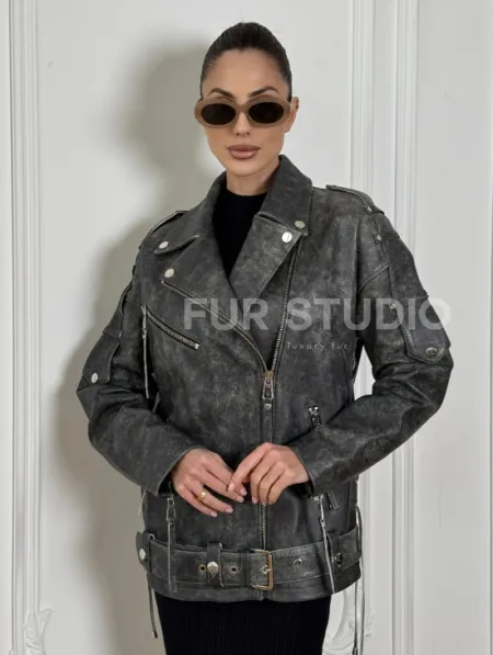 Косуха женская из натуральной кожи Vintage со шнуровкой - цвет серый - фото 0