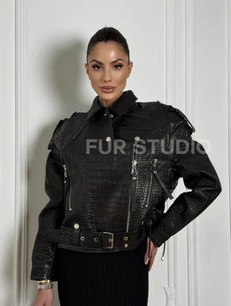 Укороченная куртка из натуральной кожи «CROCO» BLACK со шнуровкой на спине - фото 8
