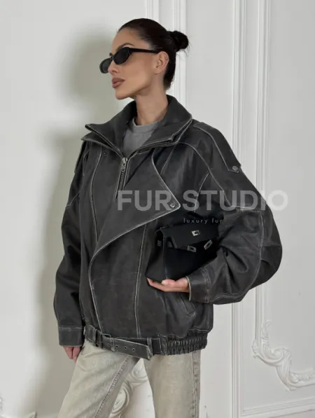 Кожаный женский бомбер Vintage grey с двойным воротником и затертыми швами - фото 6