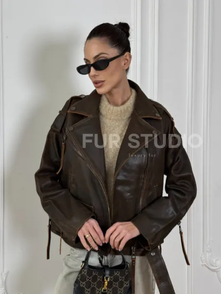 Vintage Brown кожаная куртка - косуха оверсайз с затертыми швами - фото 6