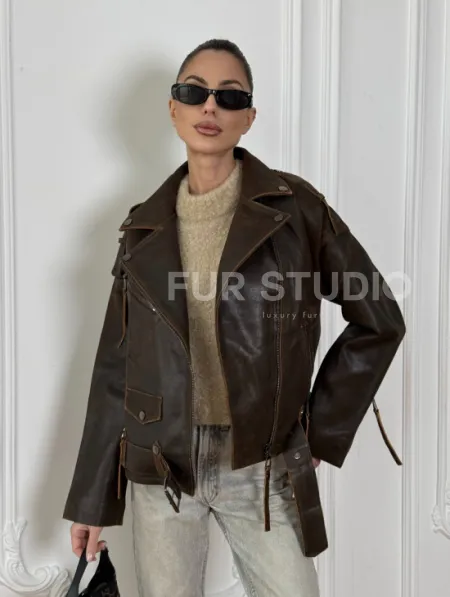 Vintage Brown кожаная куртка - косуха оверсайз с затертыми швами - фото 5