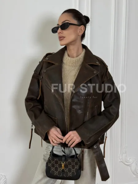 Vintage Brown кожаная куртка - косуха оверсайз с затертыми швами - фото 2