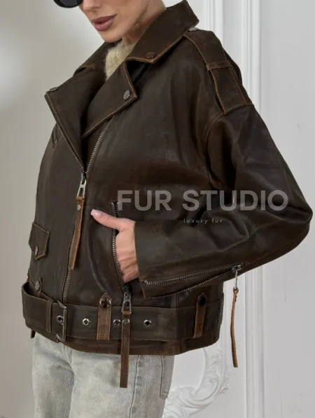 Vintage Brown кожаная куртка - косуха оверсайз с затертыми швами - фото 1