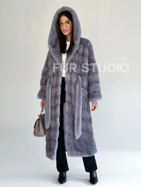 Удлиненная норковая шуба - кимоно с капюшоном - фото 7