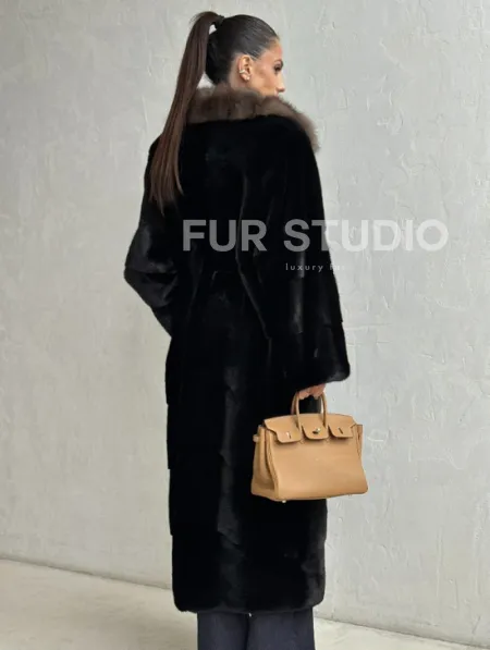 Черная норковая шуба - воротник куница - фото 4