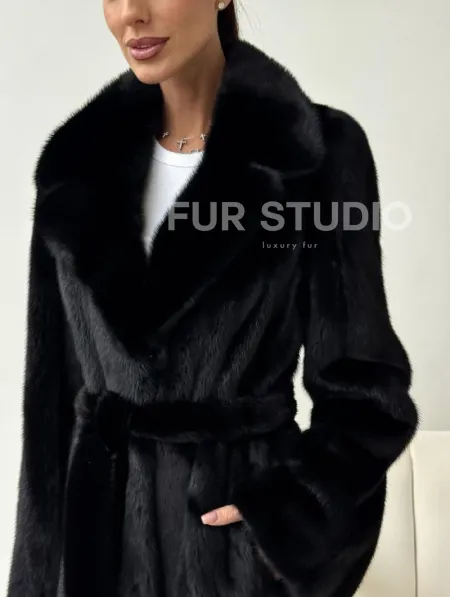 Черная норковая шуба с поясом - фото 1