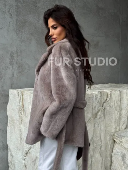 Норковая шуба - жакет с поясом - фото 6