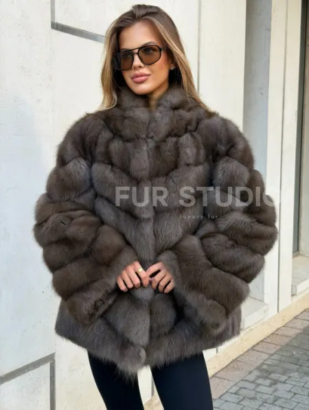 Шуба из куницы в цвете соболь - рукава косичкой - фото 0