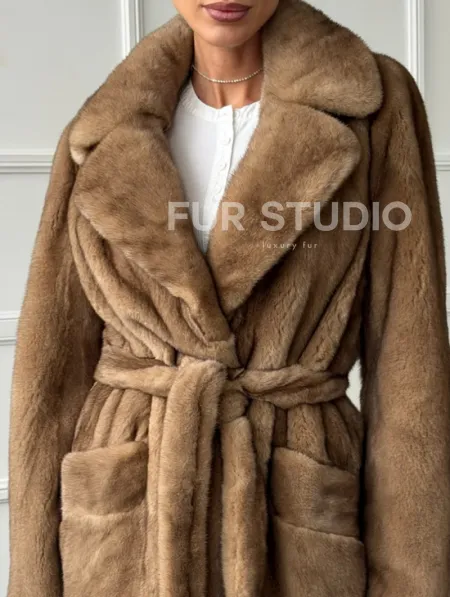 Полушубок норковый пастель с меховым поясом - фото 1