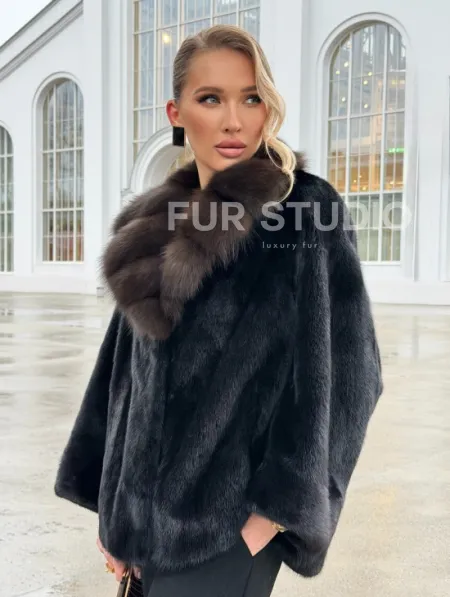 Черный норковый жакет с воротником куницы - фото 0