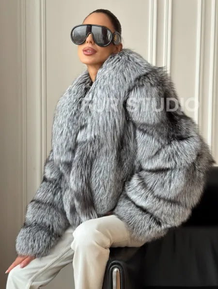 Кроп-полушубок с шалевым воротником из чернобурки - фото 5