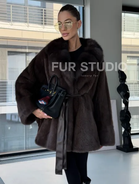 Норковое автоледи с воротником из куницы - фото 7