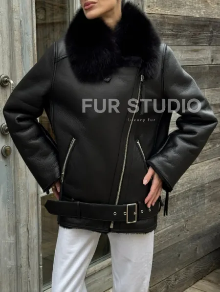 Дубленка из натуральной овчины с мехом песца - фото 4