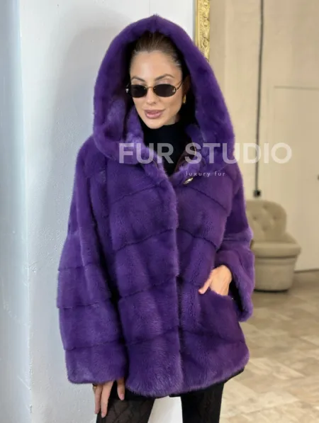 Паркет шуба с капюшоном - фиолетовый цвет - фото 2