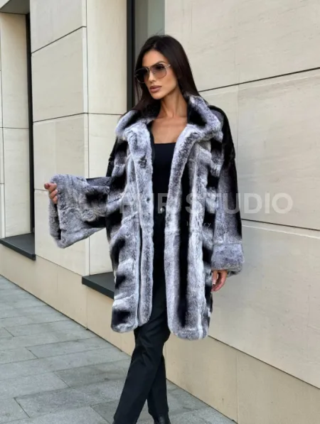Шуба из кролика рекс стойка воротник - цвет шиншилла - фото 4