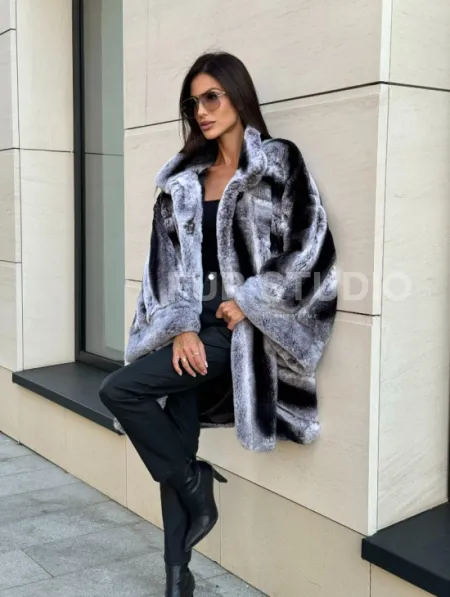 Шуба из кролика рекс стойка воротник - цвет шиншилла - фото 7
