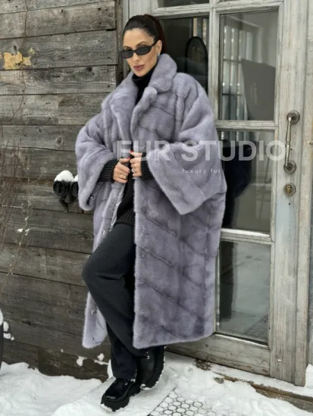 Шуба норковая в стиле Oversize - цвет серый сапфир - фото 0