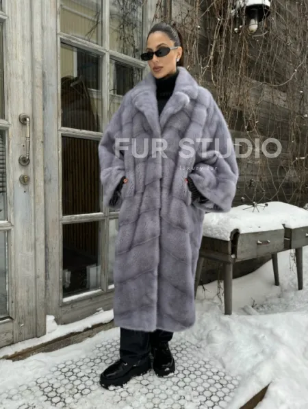 Шуба норковая в стиле Oversize - цвет серый сапфир - фото 5