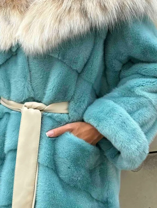 Шуба норковая с капюшоном из меха рыси - цвет Тиффани - фото 1
