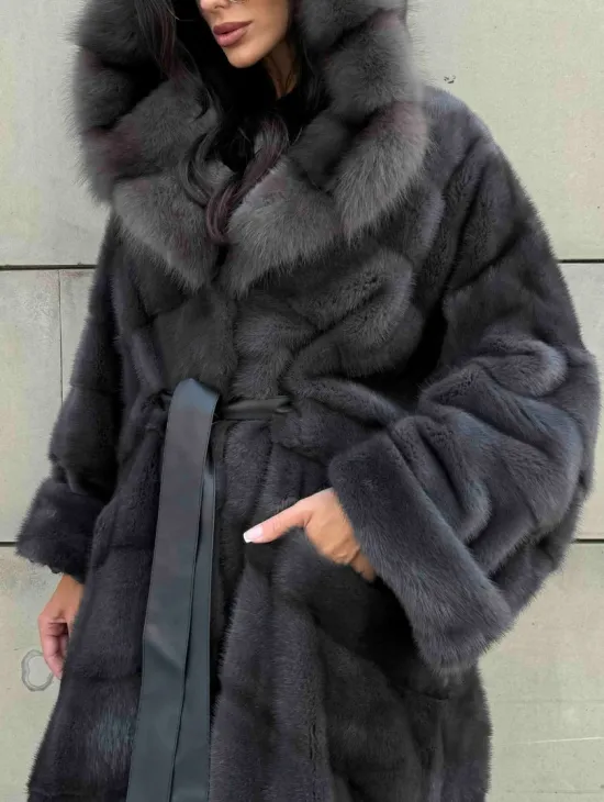 Длинная норковая шуба с капюшоном из меха куницы - цвет графит - фото 2