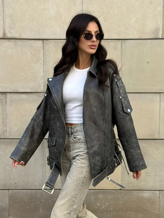 Куртка-косуха винтажная из натуральной кожи со шнуровкой - фото 0