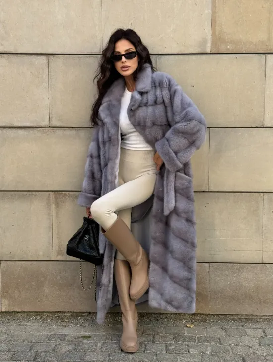 Голубая шуба New Fashion из меха аукционной норки, английский воротник - фото 8