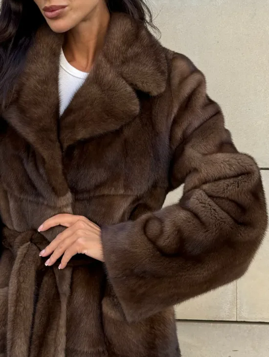 Норковая шуба, мех NAFA роспуск , английский воротник - цвет соболь - фото 1