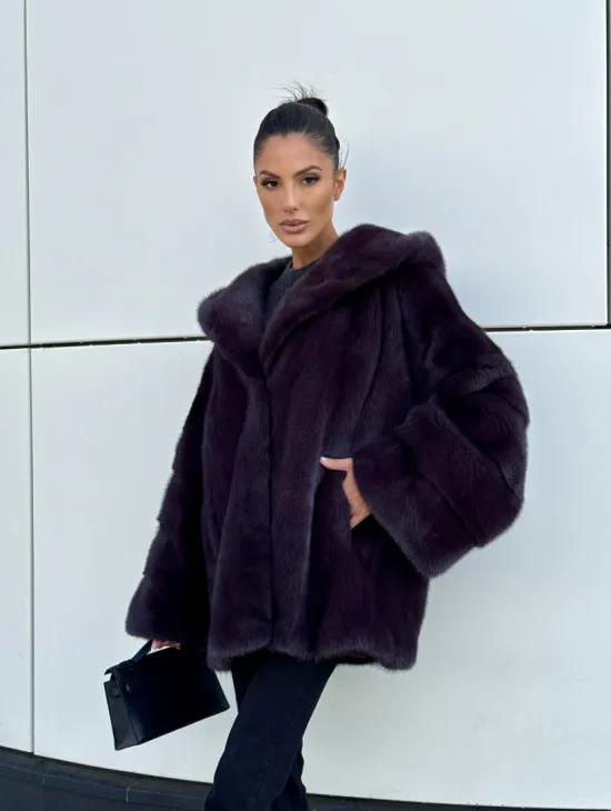 Норковый полушубок автоледи с капюшоном - цвет инжир - фото 11