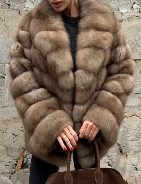 Полушубок из меха куницы пастель английский воротник - фото 2