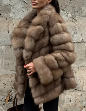 Полушубок из меха куницы пастель английский воротник - фото 6