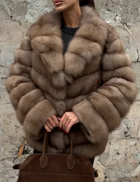Полушубок из меха куницы пастель английский воротник - фото 4