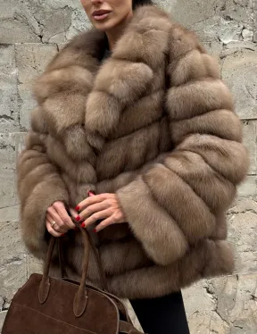 Полушубок из меха куницы пастель английский воротник - фото 3