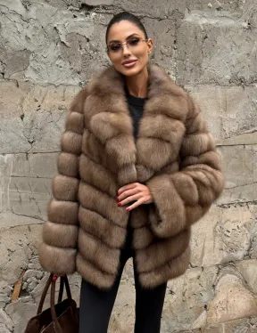 Полушубок из меха куницы пастель английский воротник - фото 0
