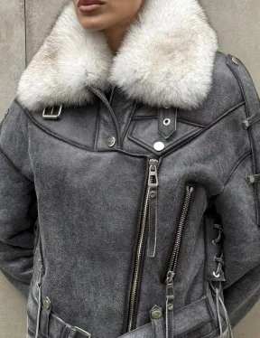 Стильная косуха-дубленка Vintage Grey с воротником из меха песца со шнуровкой на спине - фото 2