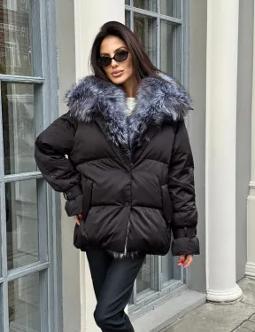 Модный пуховик в стиле Oversize с натуральным мехом чернобурки - фото 7