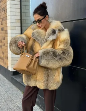 Золотистая шуба из натурального меха лисы цельные пластины - фото 3