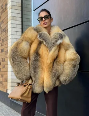 Золотистая шуба из натурального меха лисы цельные пластины - фото 10