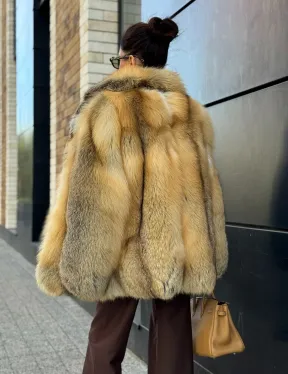 Золотистая шуба из натурального меха лисы цельные пластины - фото 7