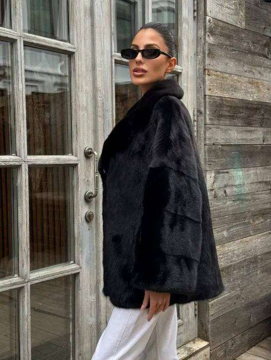 Женский норковый полушубок оверсайз в цвете Black, английский воротник - фото 8