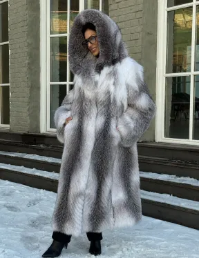 Длинная шуба из меха Arctic Fox с капюшоном, росшив - серая - фото 6
